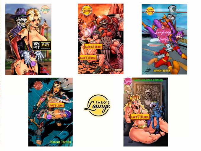 Collection of colorful posters featuring characters from 'Faro's Lounge' with a prominent logo in the center.