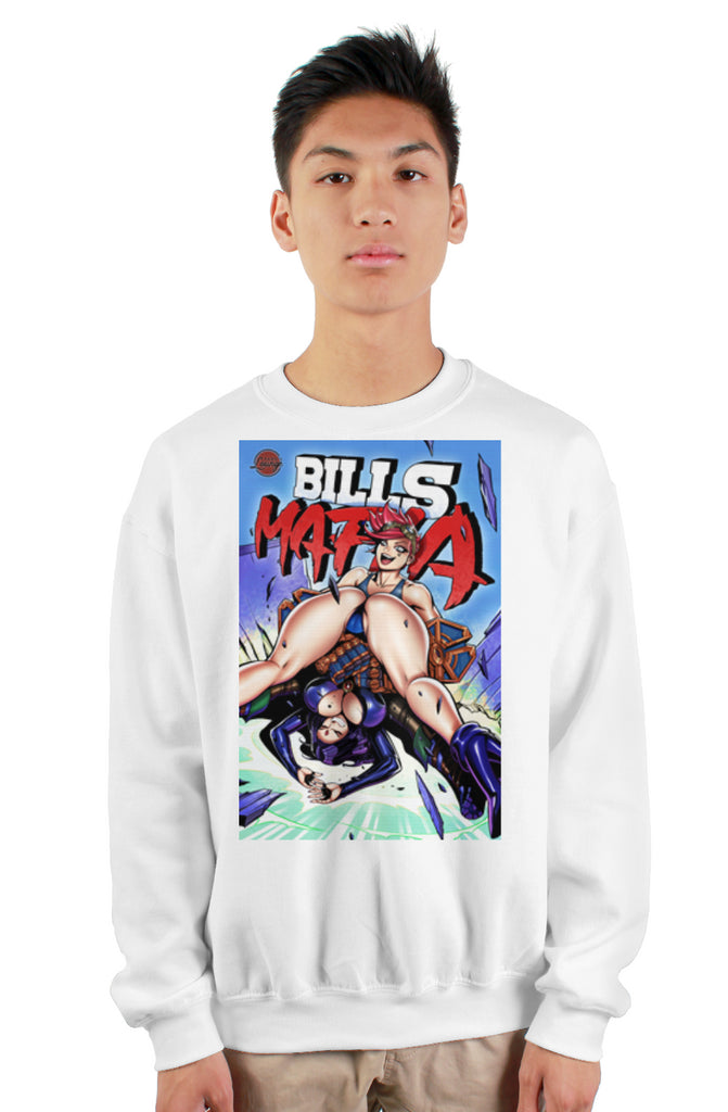 Anime-style design of Vi from League of Legends: Arcane powerbombing Raven from Teen Titans through a table, representing Buffalo Bills Mafia vs Baltimore Ravens rivalry.