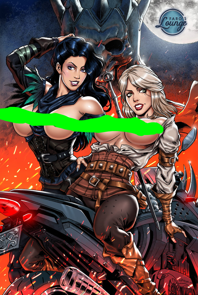 Two warrior women on a motorcycle with a dark, fiery background.
