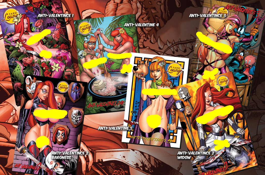 Collection of 'Anti-Valentine' cards featuring various characters in a fantasy setting.
