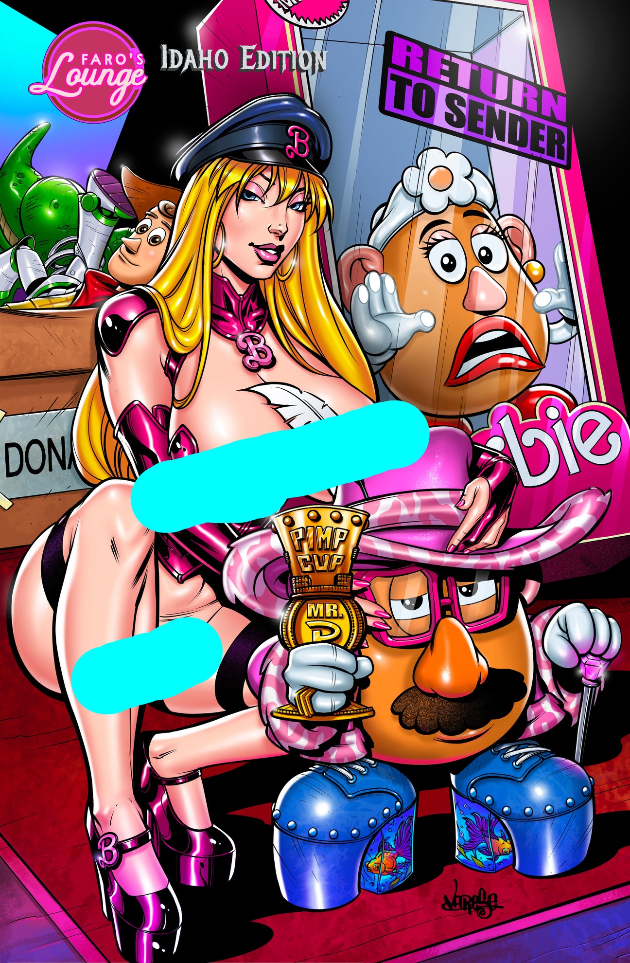 Cover of the 'American Safari Sketchbook -- Idaho' featuring a cartoon-style illustration with characters that include a depiction resembling Mr. Potato Pimp and Barbie.