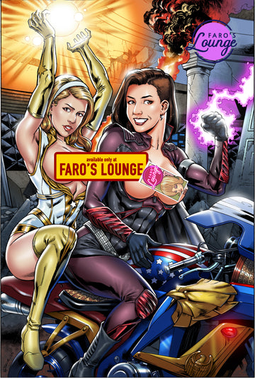 Comic-style illustration of two women on a motorcycle with 'Faro's Lounge' branding.