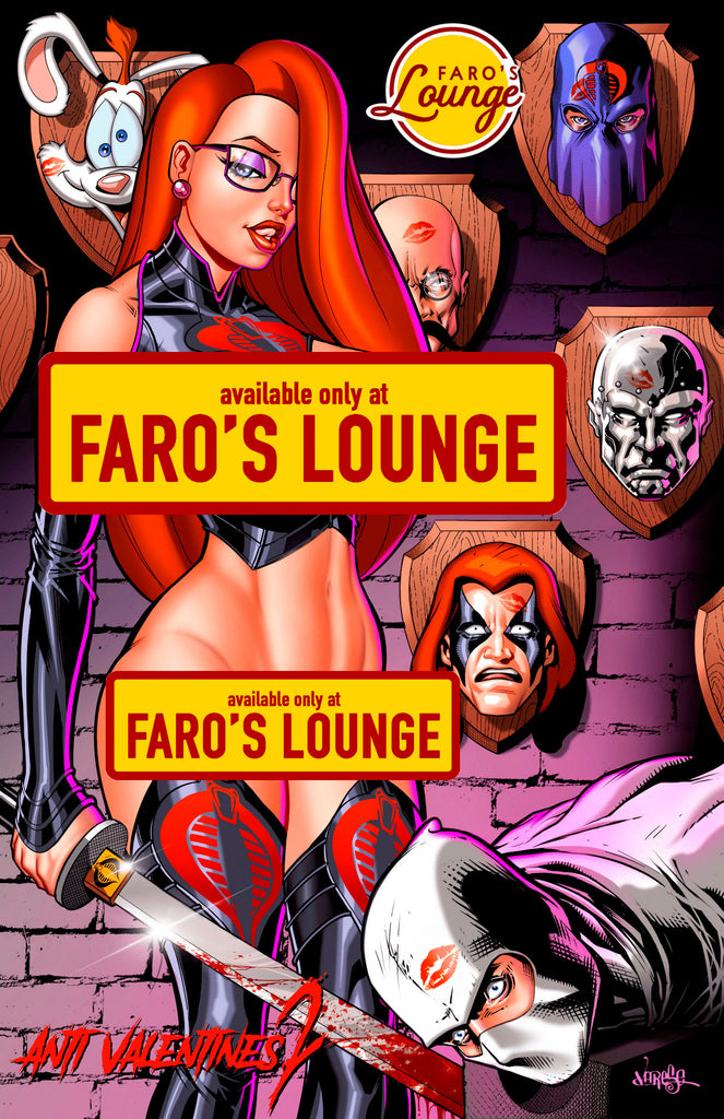 Promotional poster for Faro's Lounge with a stylized woman holding a knife and various characters in the background.