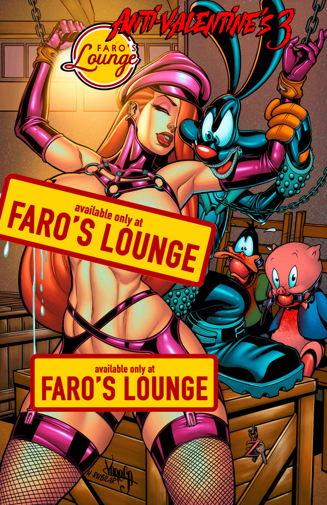 Promotional poster for 'Anti-Valentine's 3' at Faro's Lounge with cartoon characters.