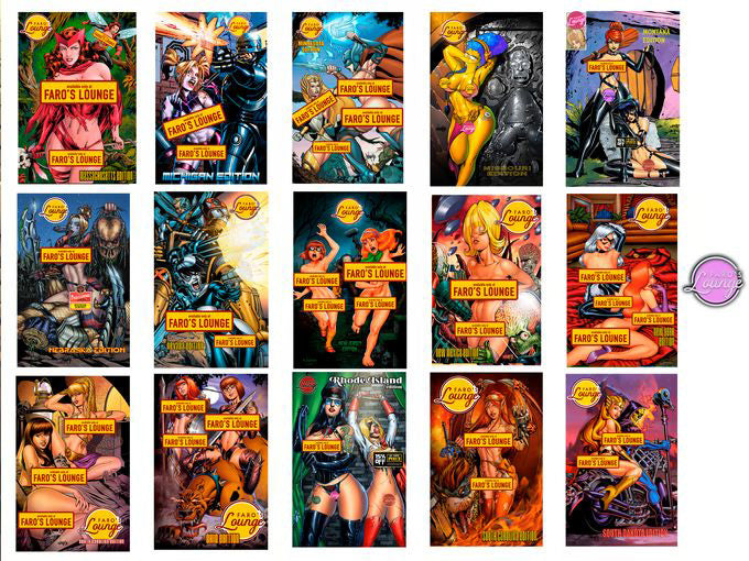 Grid of comic book covers featuring various characters and titles.