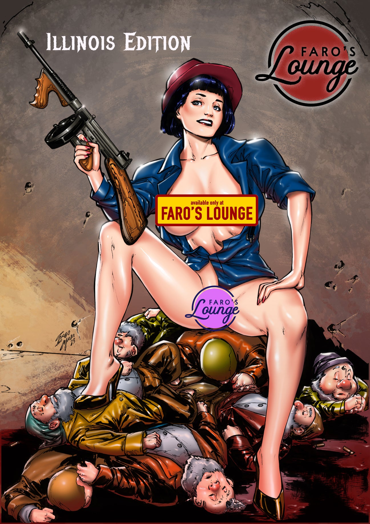 This image features the cover of the "American Safari Sketchbook -- Illinois -- Snow White & The Seven Dwarves" edition. It showcases a provocative and artistic depiction of a character, labeled as "Snow Red," who is portrayed in a dynamic pose with a background of lead-riddled dwarves.