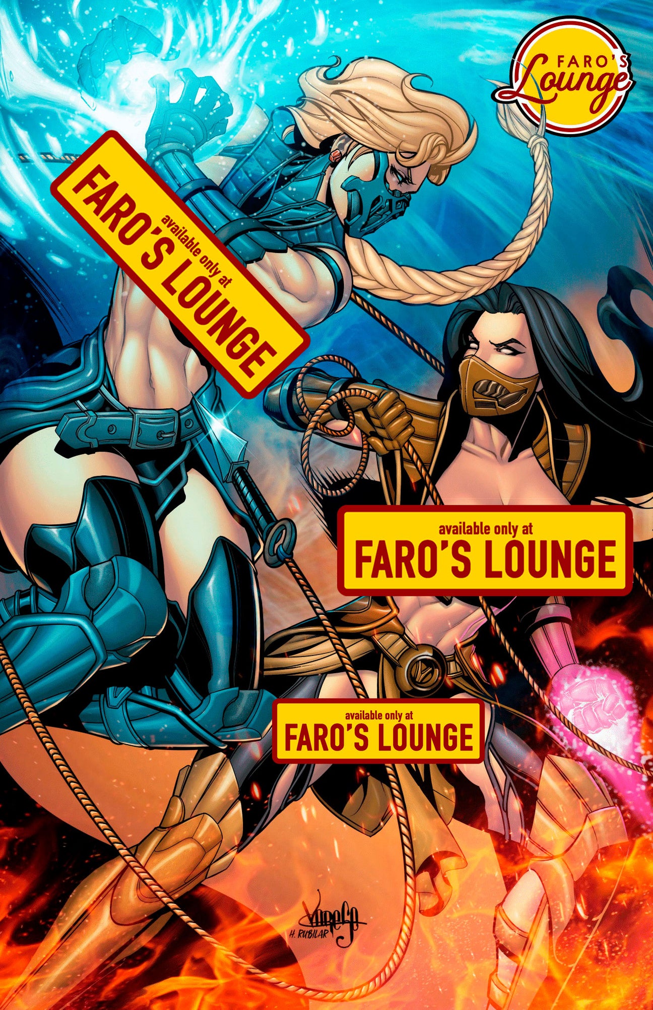 Cover of Faro's Lounge art book featuring characters from Mortal Kombat with a mature, erotic theme.
